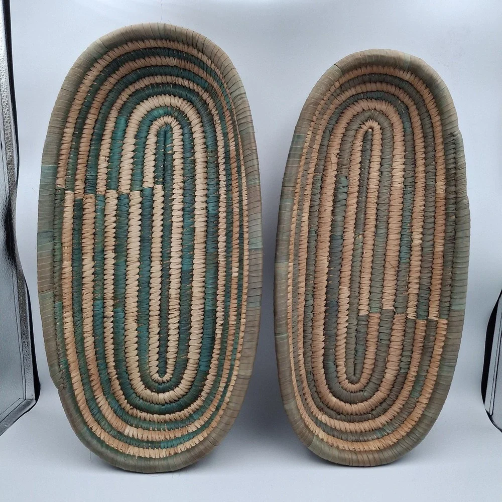 Set Of‎ 2 Hand Woven African Hausa Style Coiled Grass Nesting Baskets Green Tan